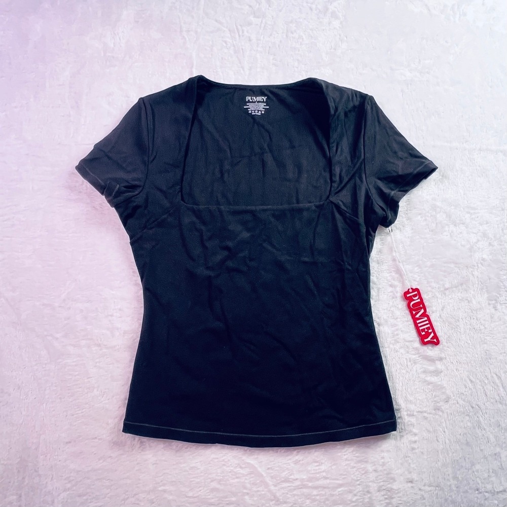Pumiey Womens Black Square Neck Short Sleeve Slim Fit Stretch Top Small NEW - Picture 1 of 3